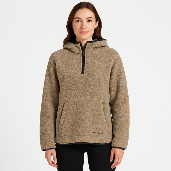 Spyder Jackets & Blazers - SPYDER Cloud Fleece Hoodie Womens Medium Tan Sherpa Pullover Half Zip Outdoor